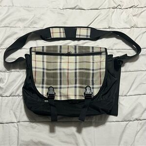 LL Bean Plaid Nylon Laptop Computer Messenger Shoulder Bag Color Beige/B…